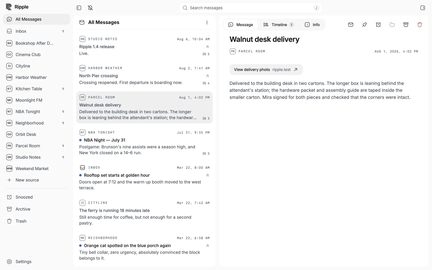 Ripple Messages: a delivery update with its source, message content, and reading actions.