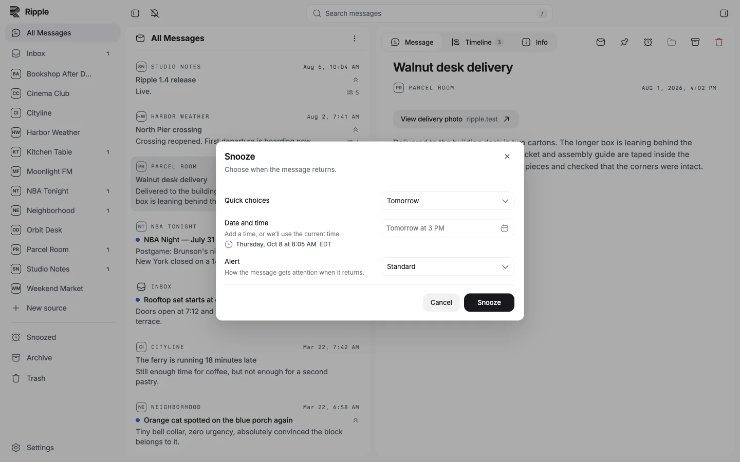 Ripple Snooze: choose a preset or a date and time, with options for how the message notifies you when it returns.