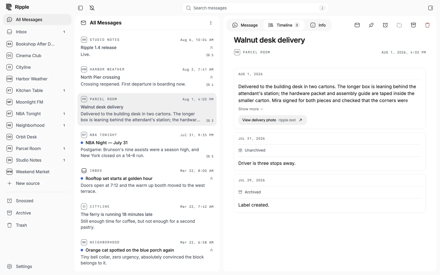Ripple Timeline: a delivery thread with its latest update and earlier events arranged together.